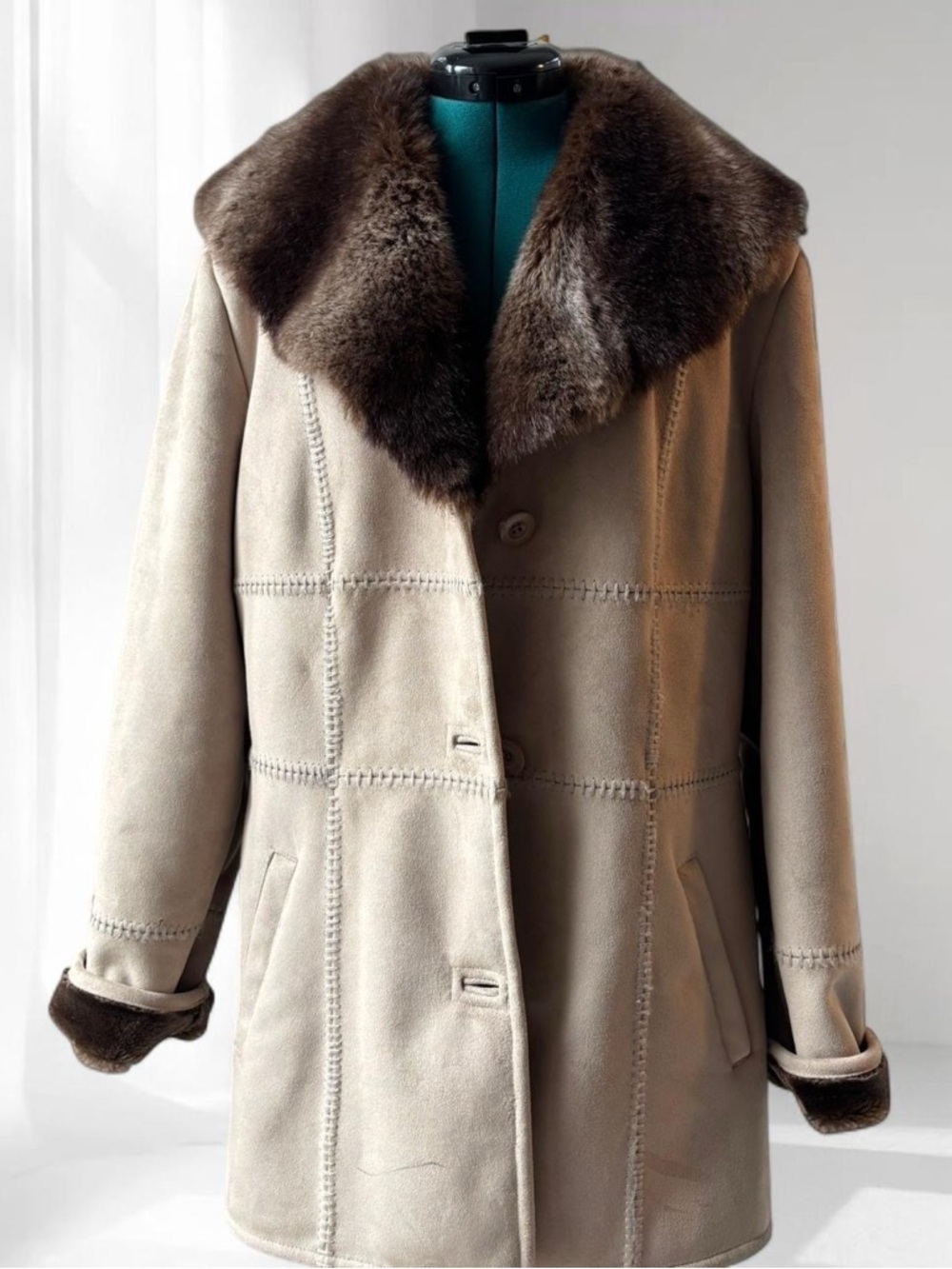 Cream Shearling Coat with Brown faux Fur Collar